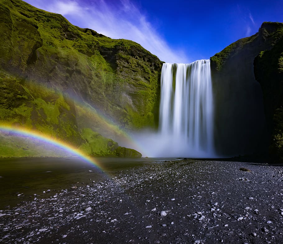 スコガフォス, アイスランド, 昼間, 流れる, 滝, 虹, 山, 風景, 高原, 自然