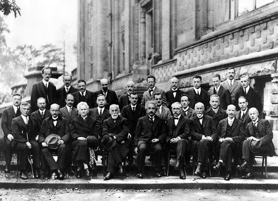 grayscale photo, row, gentlemen, sitting, chair, einstein, physicist, conference, solvay, 1927