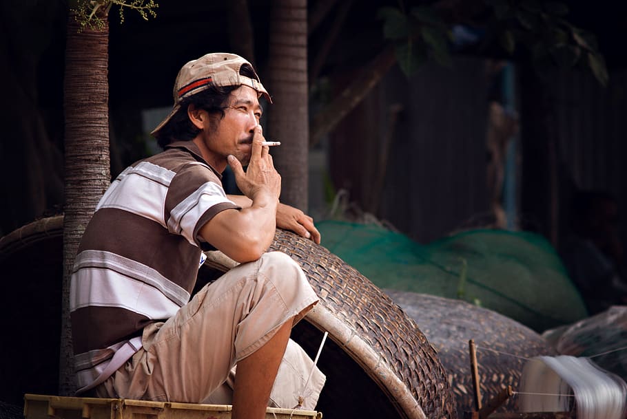 fisherman, smoking, asia, fishing, man, boat, river, water, traditional, myanmar