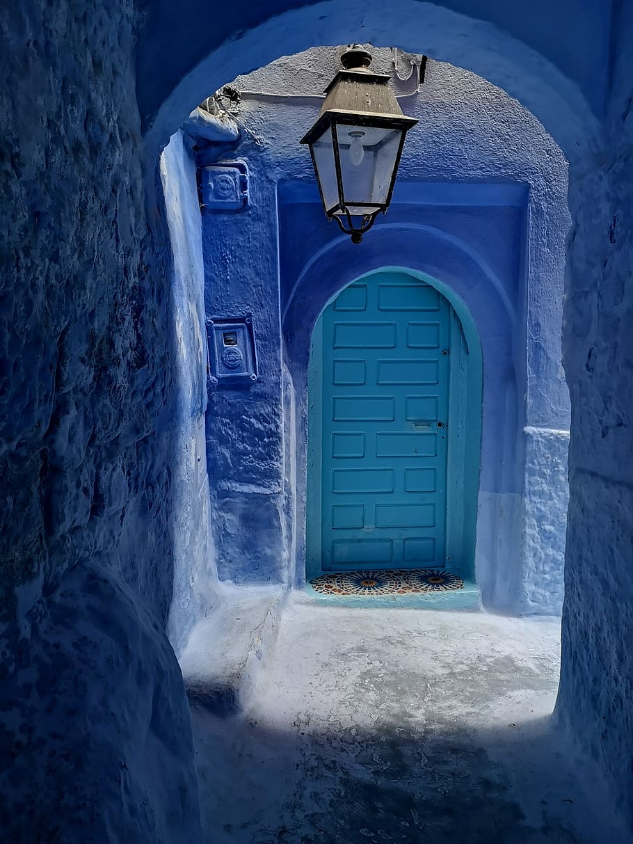 biru, kota, maroko, chefchaouen, tua, batu, warna-warni, jalan, Arsitektur, jalan masuk