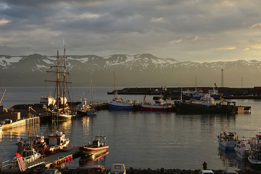 húsavík, port, sea, coast, bank, ships, sailing ships, boats, abendstimmung, landscape