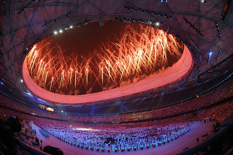 architectural, photography, stadium, Fireworks, Beijing, China, Olympics, opening ceremony, inside, spectators