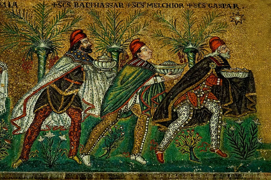 three, men, holding, bowls painting, art, mosaic, gorgeous, shiny gold, old, antiquity