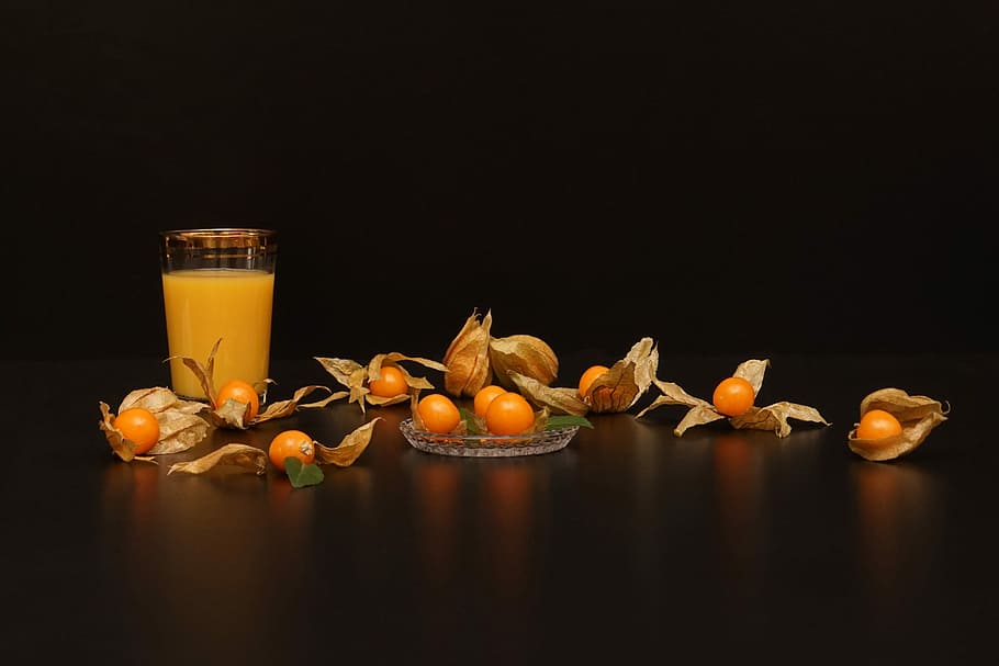 physalis fruit, brown, wooden, board, drinking glass, still physalis life, peruviana, cape gooseberry, drink, vitamins