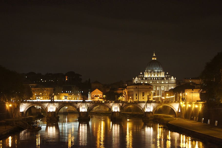 beige mosque, st peter's basilica, night photography, rome, mirroring, hdr photo, architecture, famous Place, river, dome