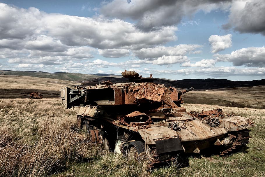 brown battle tank, tank, military, war, derelict, abandoned, decay, bombing range, northumberland, army