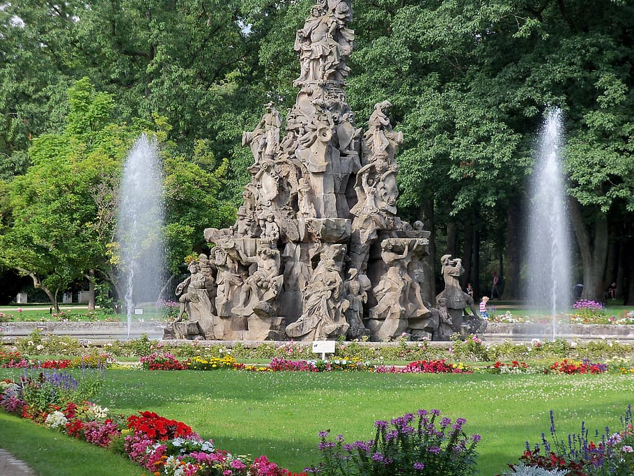 噴水, ゲイン, バイエルン, ドイツ, 大学都市, シュロスガルテン, 植物, 彫刻, 彫像, 水