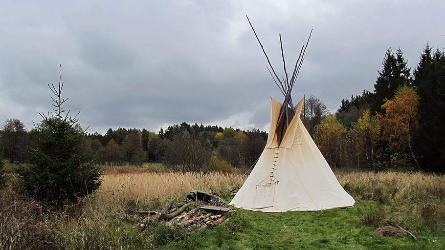 white, teepee tent, green, field, surrounded, trees, daytime, indijánský, tent, tipis
