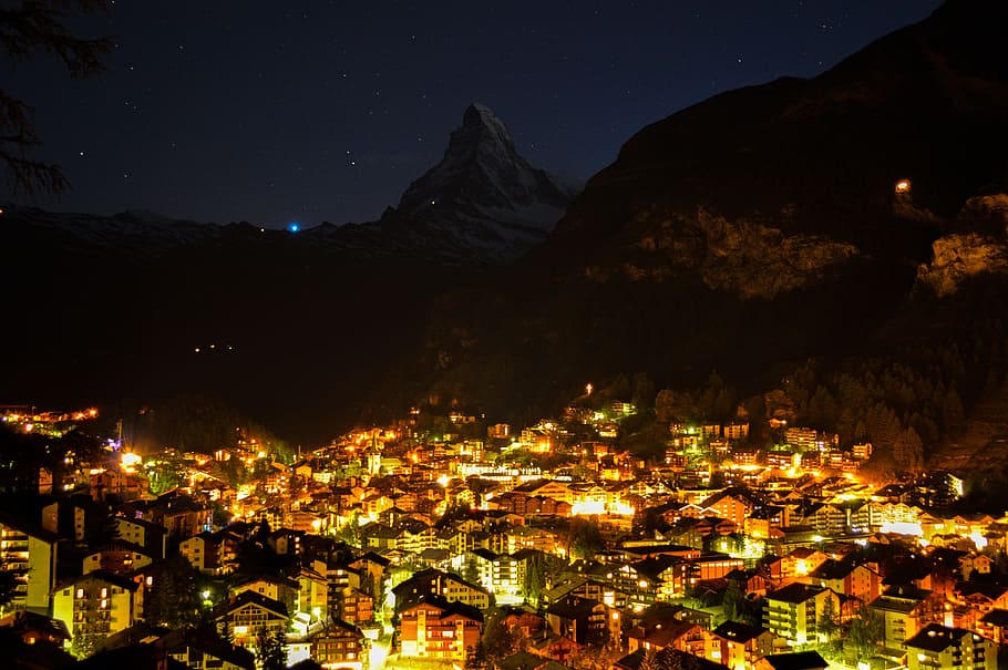 paisaje urbano durante la noche, cervin, zermatt, suizo, naturaleza, viajes, al aire libre, europa, europeos, alpino