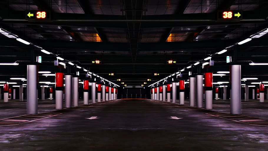 rojo, gris, concreto, estacionamiento en el sótano, sótano, estacionamiento, en el interior, oscuro, subterráneo, vacío
