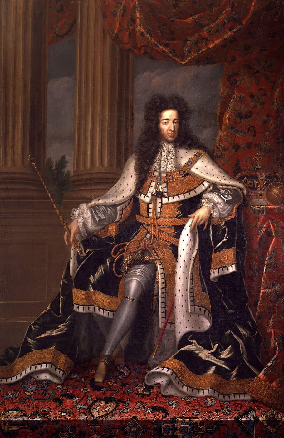 wearing, medieval, dress, sitting, chair painting, King William Iii, Unknown Artist, Man, male, throne