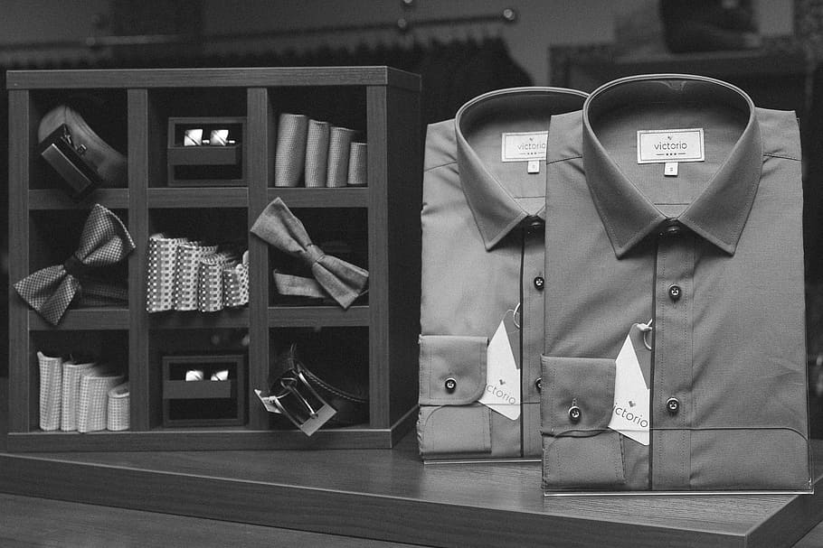 grayscale photography, two, shirts, bows, collared, ties, bowties, cufflinks, fashion, clothes