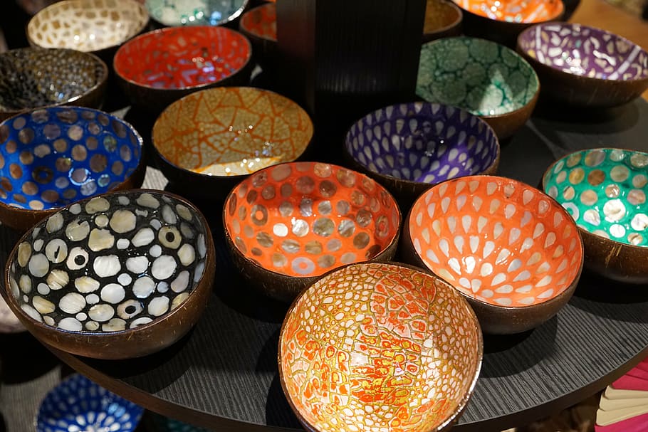 mangkuk keramik banyak, kerang, kerajinan, mangkuk, musik, seni, galeri, souvenir, buatan tangan, kreatif