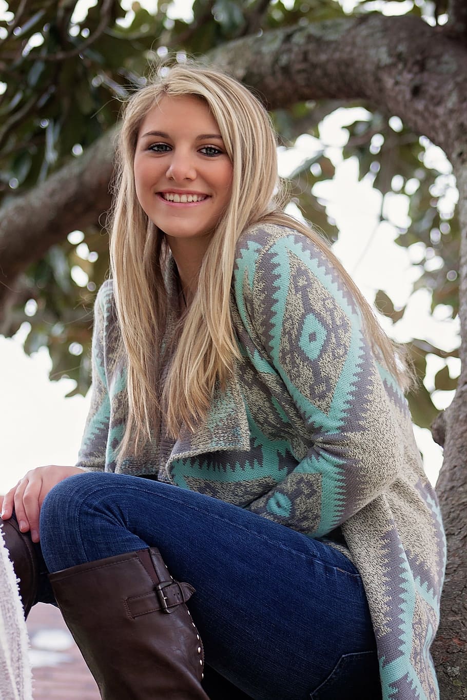 woman, wearing, teal, gray, tribal-printed, long-sleeved, top, beautiful, female, young