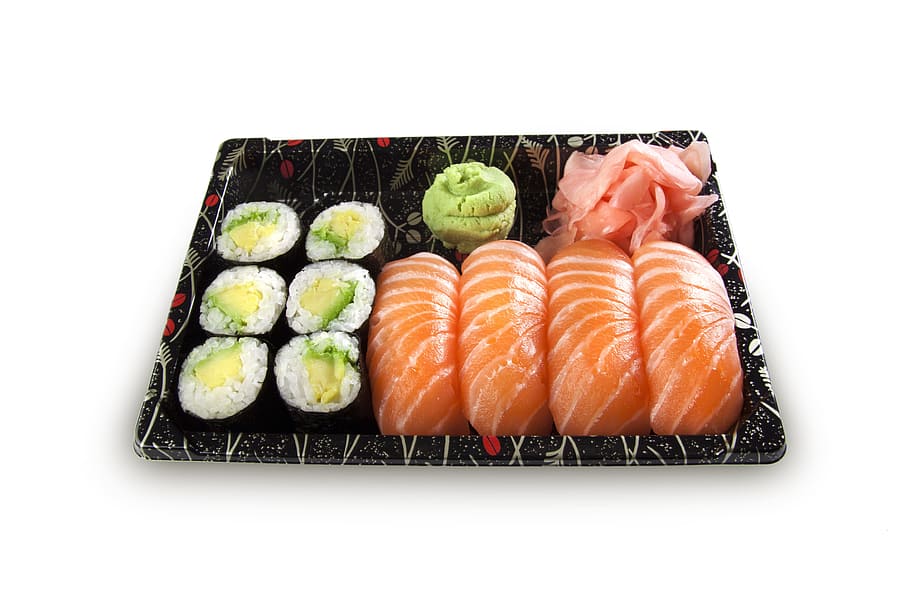 Sushi, Conjunto, Nigiri, Maki, Peixe, Cru, salmão, arroz, wasabi, frutos do mar
