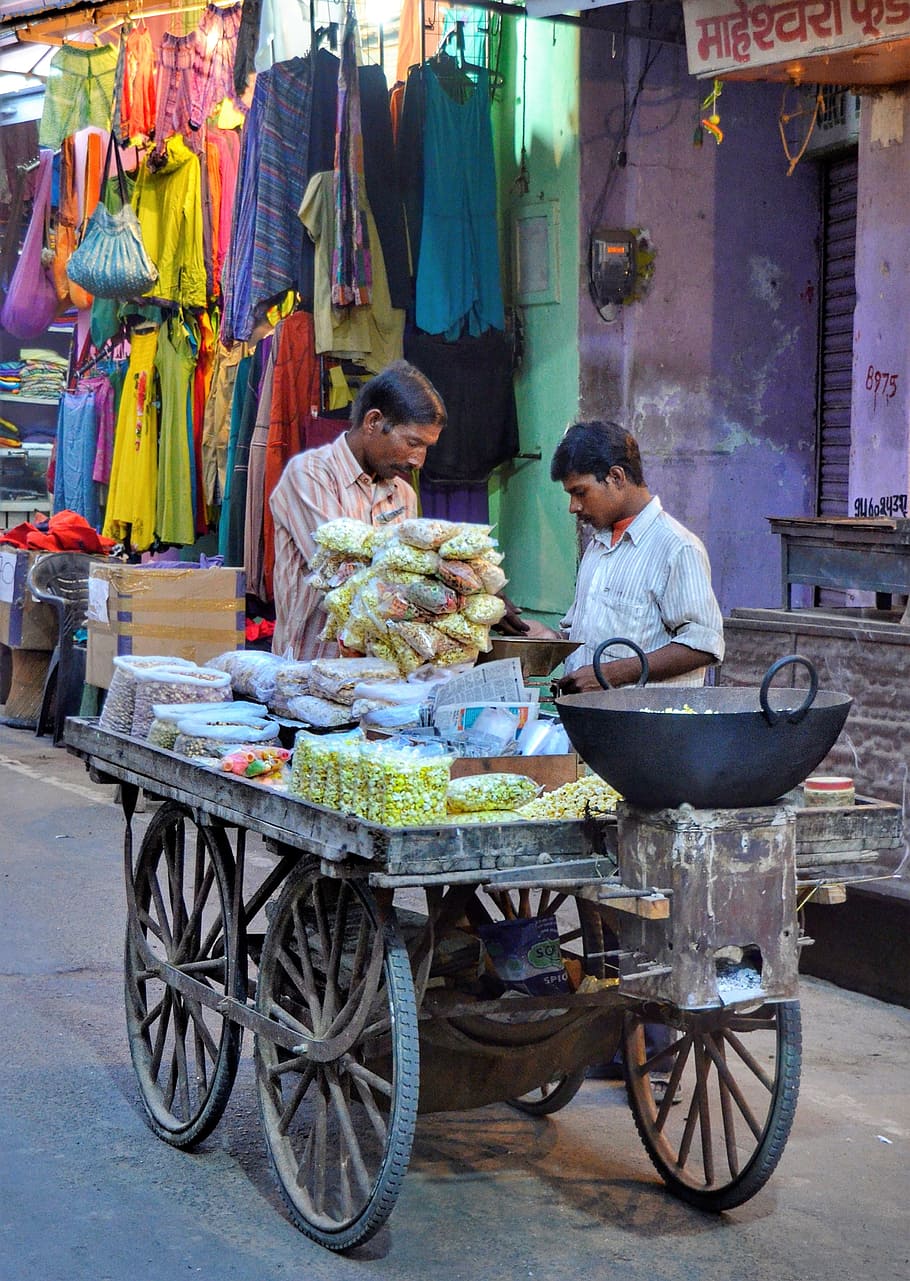 street, trader, selling, food, spices, trolley, india, market, people, sell