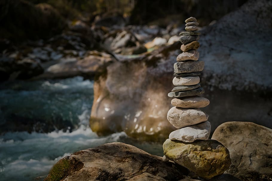 beige, stacked, stones, body, water, daytime, nature, long exposure, cairn, landscape