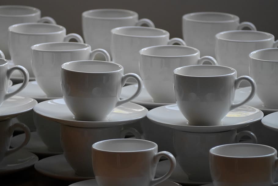 white, ceramic, mug, saucer plate lot, coffee, tea, cocoa, hot chocolate, cups, drinks
