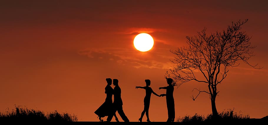puesta de sol, naturaleza, parejas, baile, tango, romántico, naranja, crepúsculo, tarde, silueta