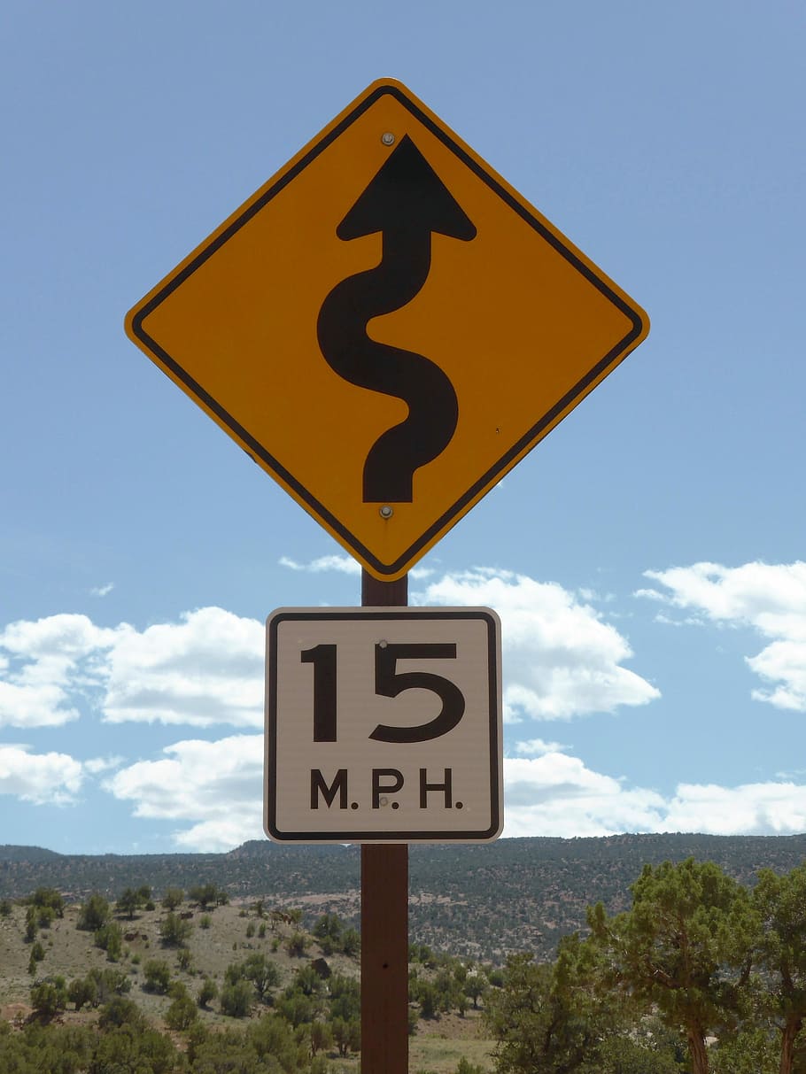 Road Sign, America, Hairpin Bend, bend, yellow, number, cloud - sky, sky, speed limit sign, road