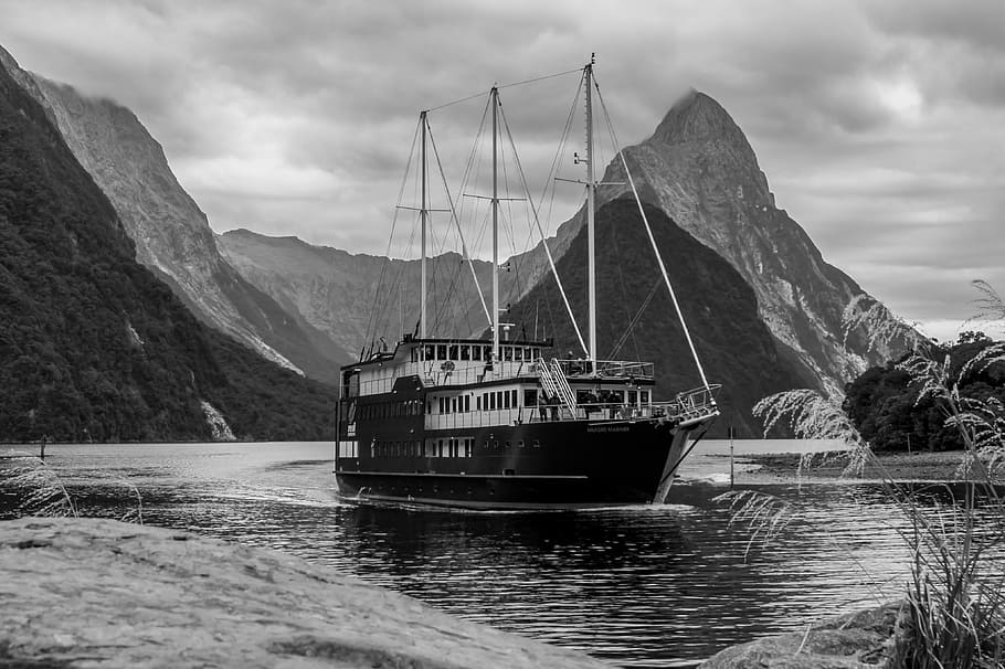 milford sound, new zealand, boat, sea, fjord, paradise, river boat, water, nautical vessel, mountain