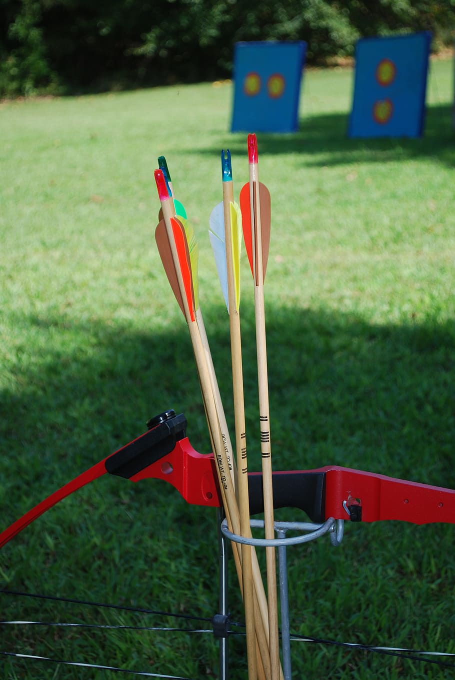 bow, arrow, archery, target, game, sport, red, grass, focus on foreground, day