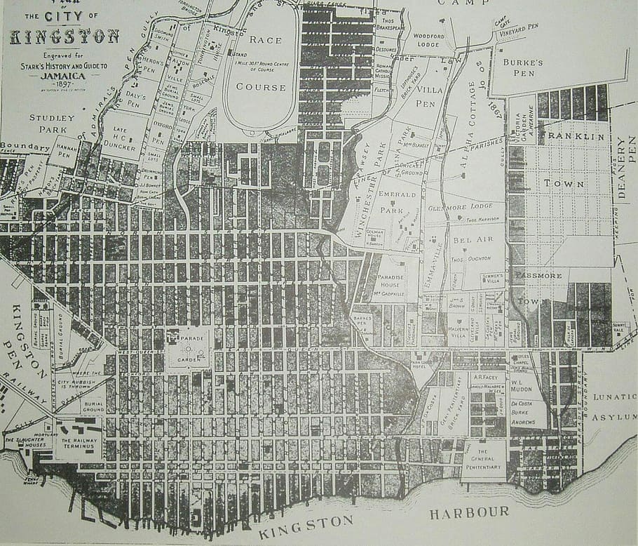 kingston 1897, mapa, kingston, jamaica, fotos, velho, domínio público, vintage, cartografia, planos de fundo