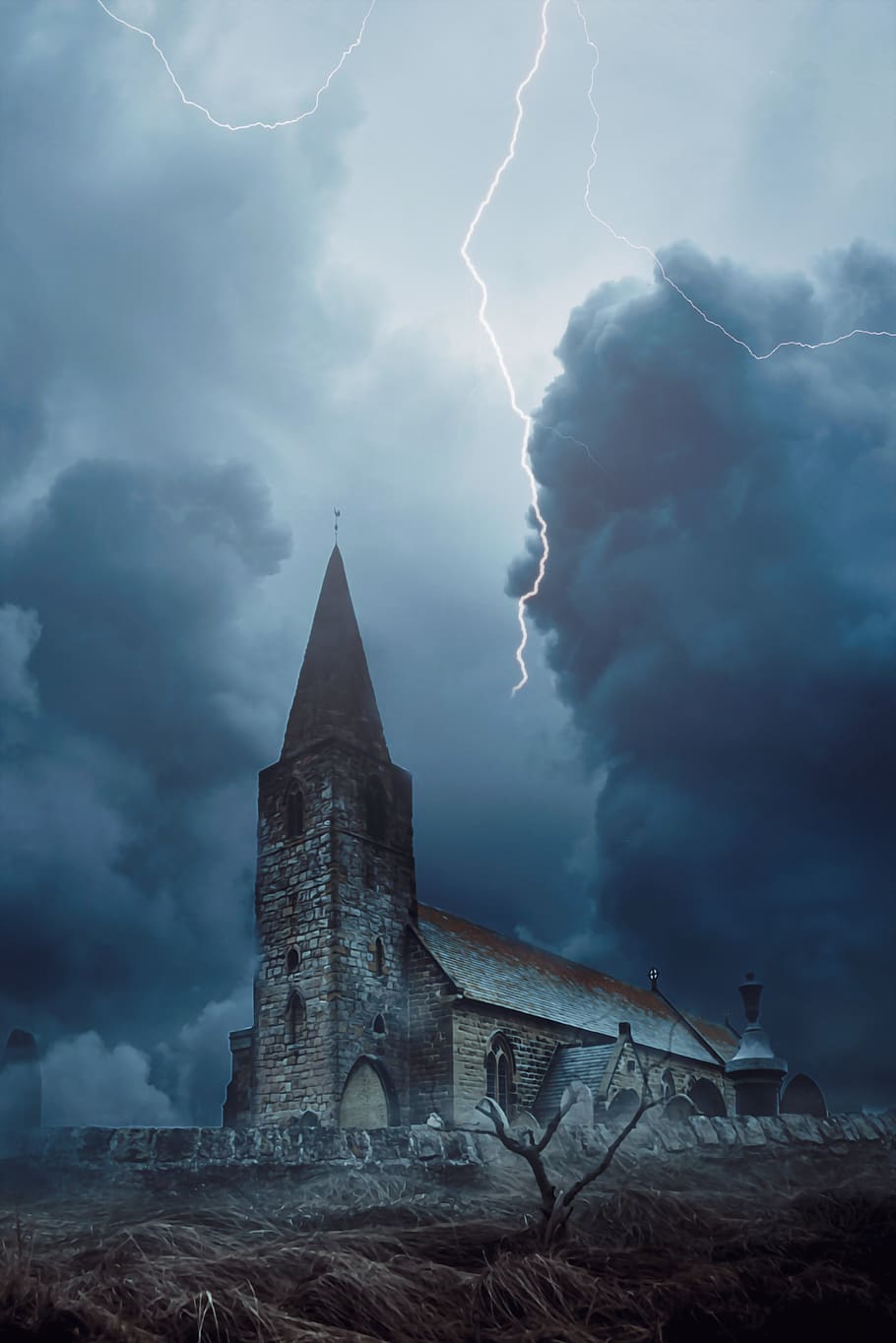 fantasy, dark gothic, landscape, cemetery, church, sky, grey sky, storm, lightning, dead branches