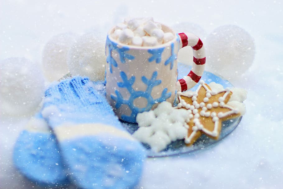white, blue, red, ceramic, mug, hot chocolate, cocoa, cookie, winter, snow