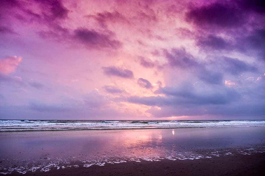 foto, púrpura, cielo, cuerpo, agua, cuerpo de agua, apuntalar, playa, puesta de sol, Chiclana