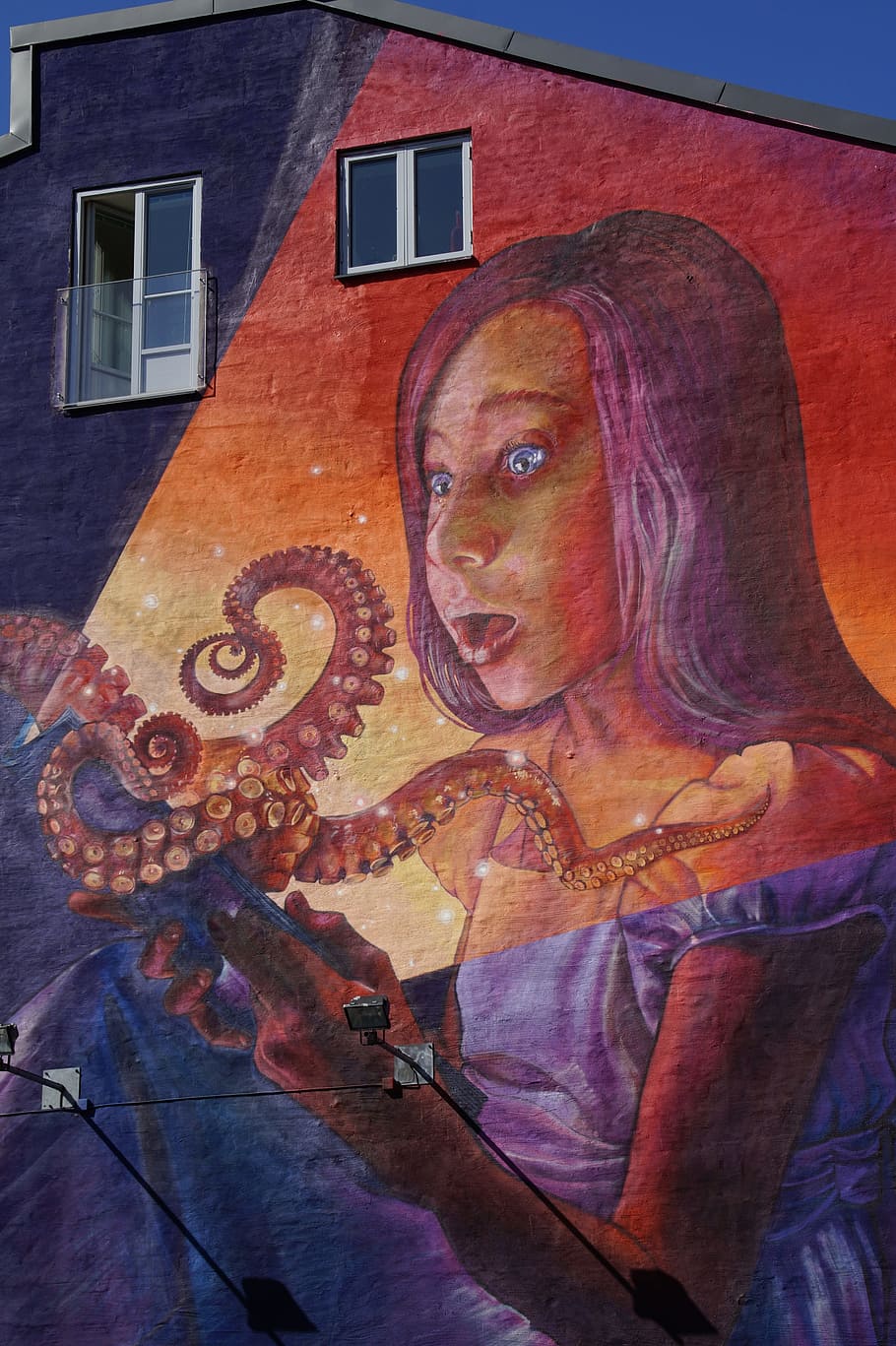 woman, octopus painting, home, house facade, painted, painting, artfully, art, building, facade