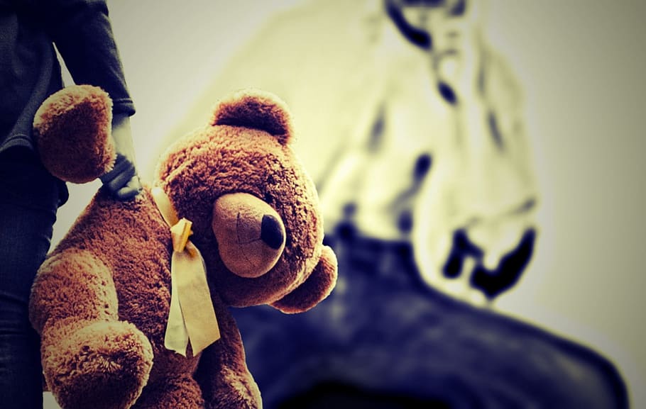 person, holding, brown, bear, plush, toy, child, abuse, fear, stop