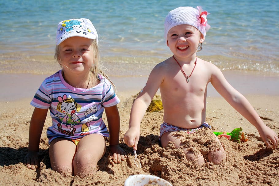 two, children, playing, seashore, Kids, Beach, Summer, Girls, Friends, Sea, summer