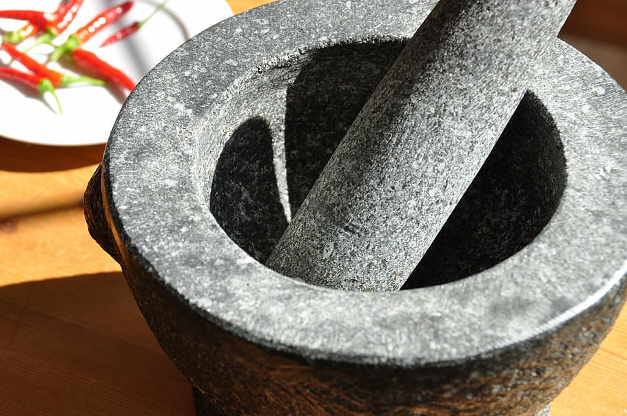 food, mortar, chili, healthy, ingredients, leaf, close-up, still life, metal, mortar and pestle