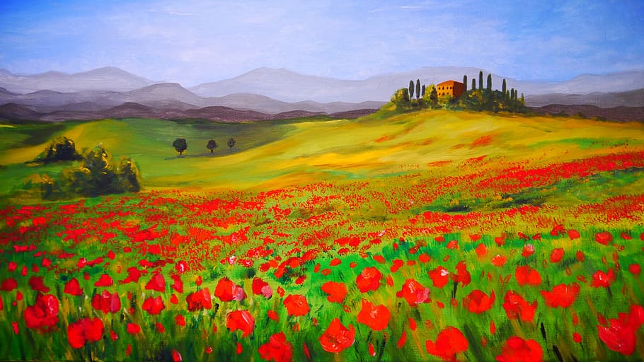 red, petaled flower field painting, painting, art, landscape, acrylic, flower, plant, flowering plant, beauty in nature