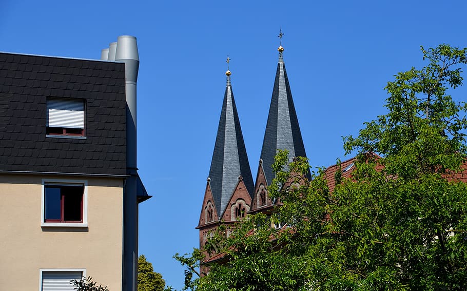 Iglesia, Torres, Heidelberg, Weststadt, hogar, edificio, arquitectura, balcones, fachada, estilo arquitectónico