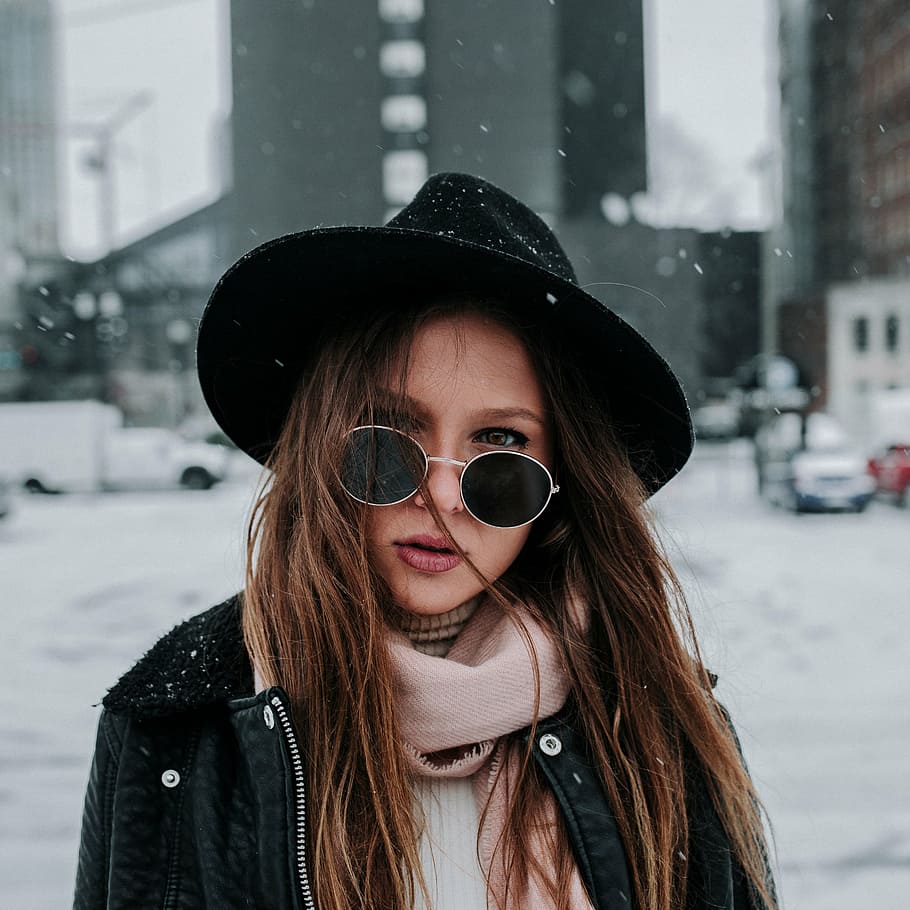 woman taking selfie, people, woman, beauty, fashion, shades, snow, cold, weather, scarf