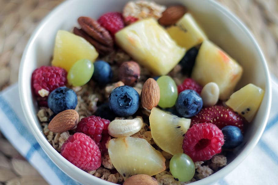 breakfast, bowl, fruits, raspberries, blueberries, pineapple, nuts, almonds, food, healthy