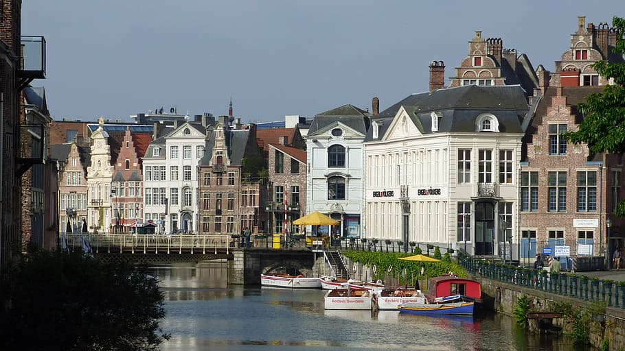 ghent, belgium, kanal, arsitektur, bangunan, gent, eksterior bangunan, air, struktur buatan, kapal laut