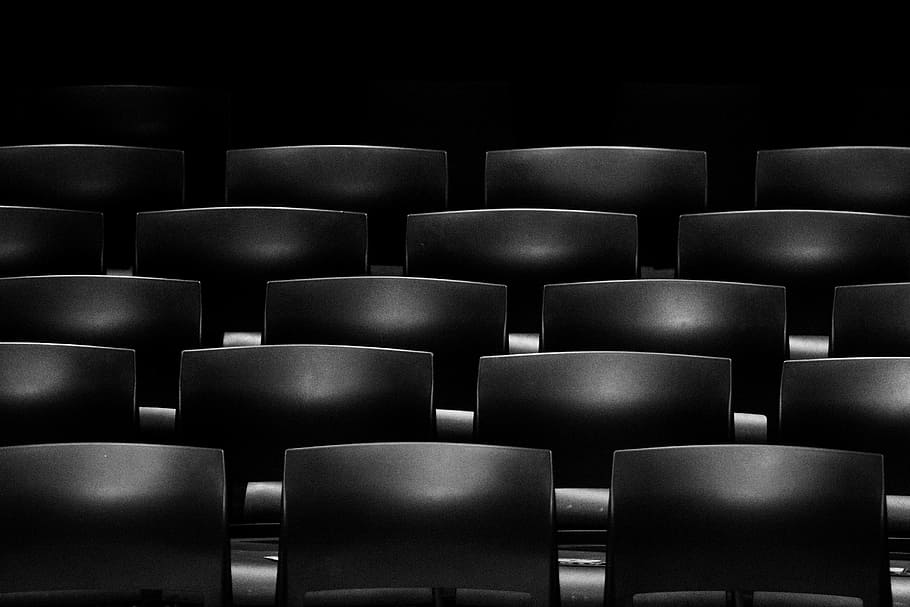 fotografía, sillas, interior, oscuro, sala, fila, asientos, en una fila, silla, sin gente