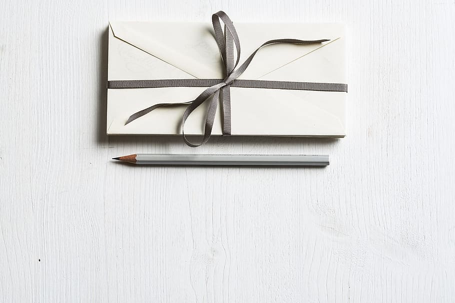 envelope card, gray, pencil, invitation, card, wedding, design, ribbon, table, pen