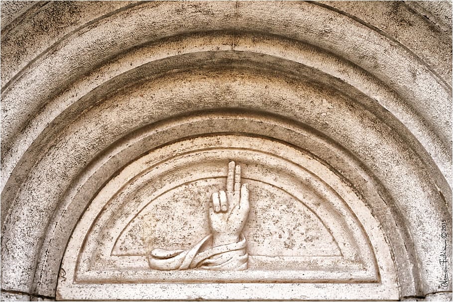 Modena, Symbol, Bas Relief, Hand, abençoando, abençoe, igreja, arco, mármore, gótico