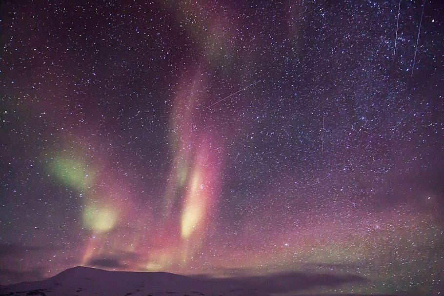 fotografi, langit, malam hari, aurora, cahaya utara, skuter, salju, petualangan es, fenomena cahaya, aurora borealis