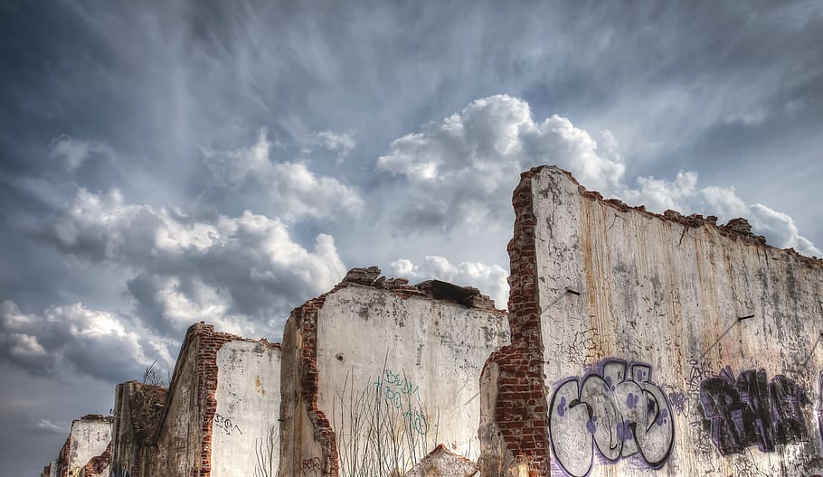 gray, white, concrete, walls, cloudy, sky, hdr, destroyed area, old factory, desolate