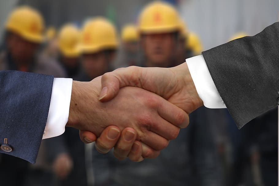 握手者, 握手, 手, 労働者, 従業員, ヘルメット, 歓迎, 契約, 手渡し, 交渉