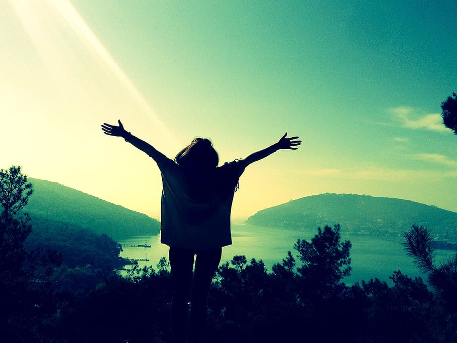 silhouette, person, raising, hands, trees, feel, high, girl, island, istanbul