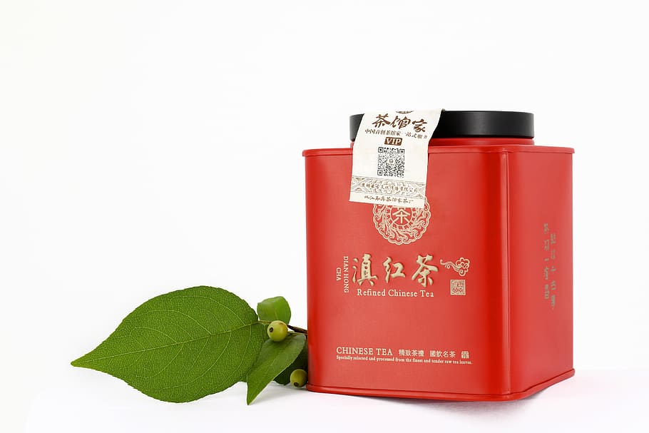 red box, tea, black tea, red, cut out, white background, studio shot, indoors, plant part, green color
