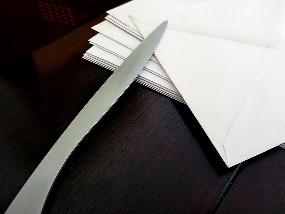 white envelope, letters, envelope, mailbox, paper knife, office, feather, creative, love, love letter