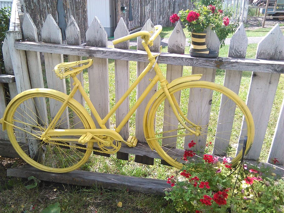 自転車, 黄色, 庭, アート, うれしそうな, 庭の芸術, 花, 交通機関, 日 