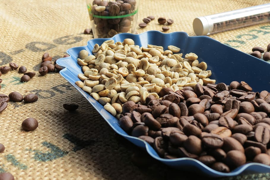 nuts, tray, brown, surface, Coffee Beans, Green Coffee, coffee, comparison, roasted coffee, differences